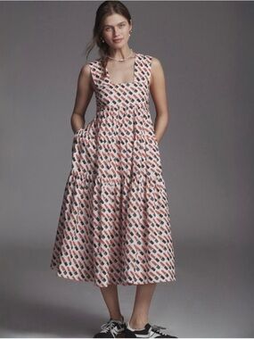 The Helena Square-Neck Smocked Tiered Midi Lipstick Dress NWT